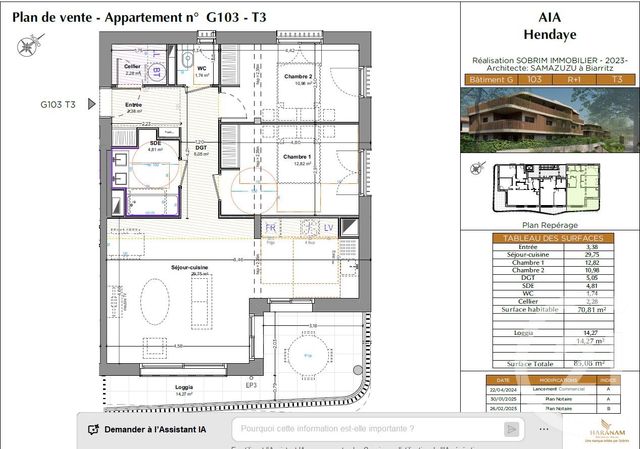Appartement T3 à vendre - 3 pièces - 70.81 m2 - HENDAYE - 64 - AQUITAINE - Century 21 Maïtena Immobilier