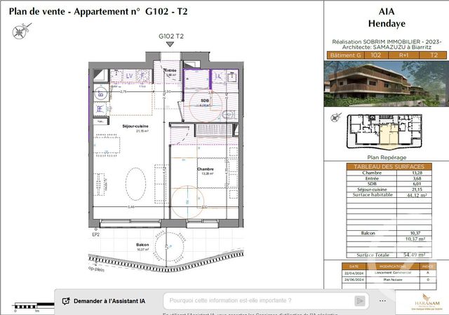 Appartement T2 à vendre - 2 pièces - 44.12 m2 - HENDAYE - 64 - AQUITAINE - Century 21 Maïtena Immobilier